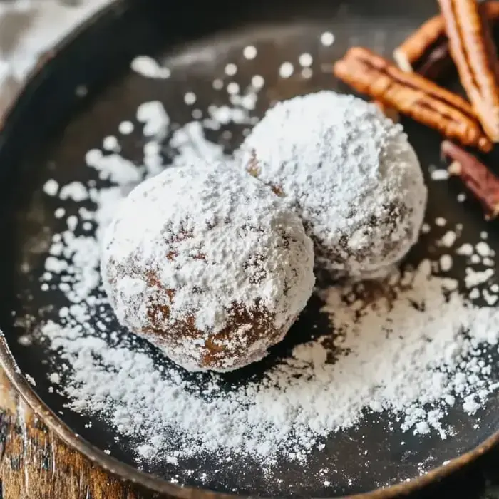 Two sugar-dusted cinnamon balls on a dark plate with cinnamon sticks and powdered sugar dust scattered.