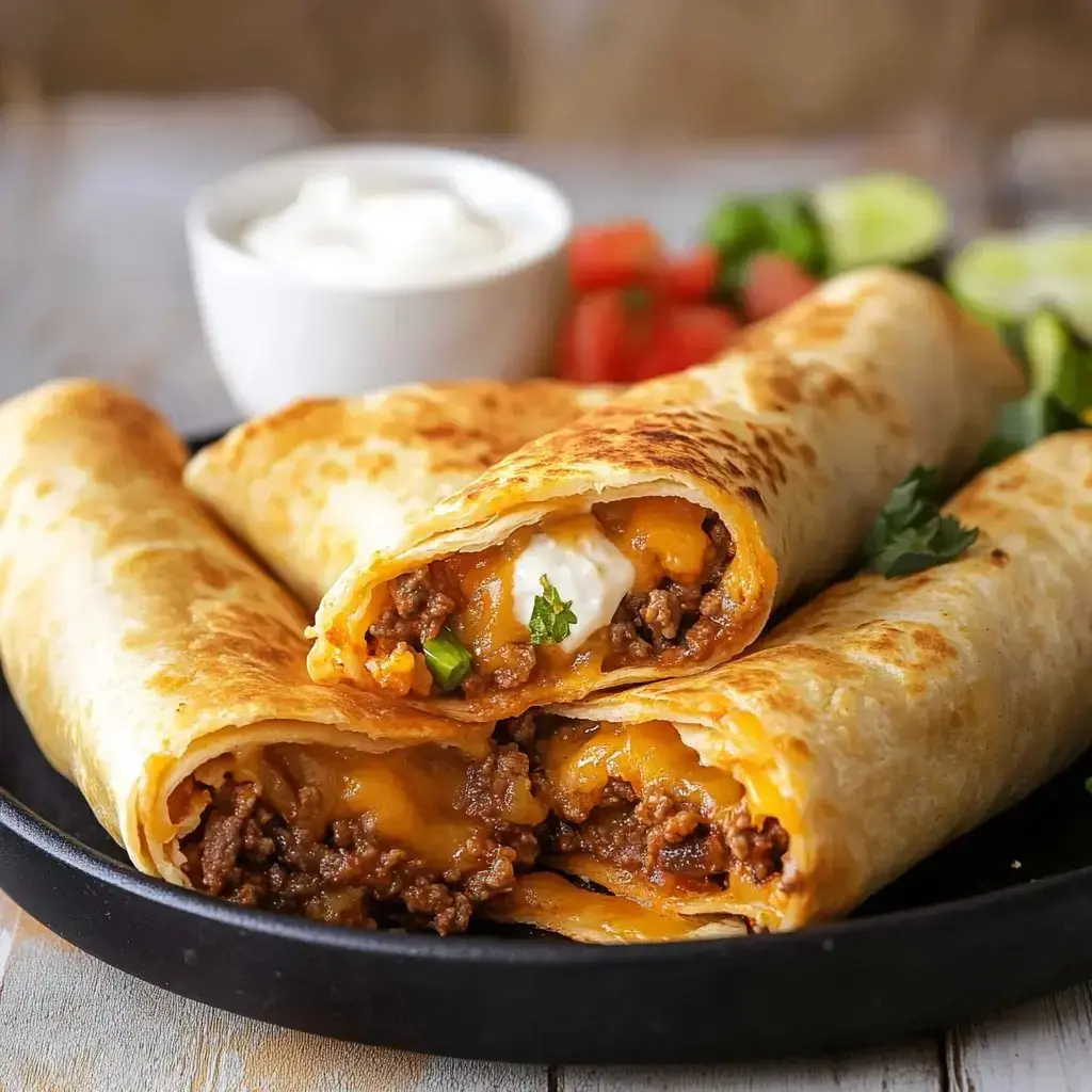 Golden, crispy tortillas filled with beef and cheese on a plate with sour cream and fresh veggies on the side.