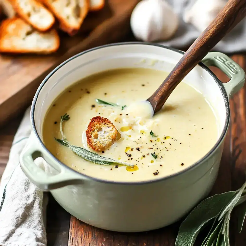 A creamy garlic soup in a bowl, garnished with herbs and served with toast. Garlic bulbs and bread slices in the background.