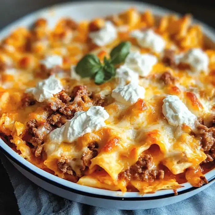 A casserole dish featuring pasta, ground beef, and gooey cheese with a dollop of sour cream, garnished with fresh herb sprigs.