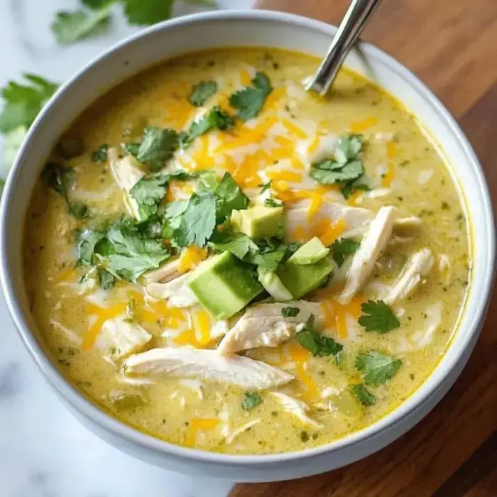 A bowl of creamy, cheesy chicken soup garnished with chunks of avocado, shredded cheese, and fresh cilantro.