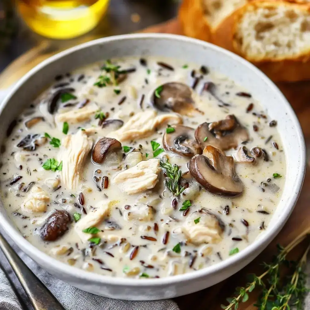 A bowl of creamy chicken and wild rice soup, paired with a slice of bread, topped with mushrooms and herbs.