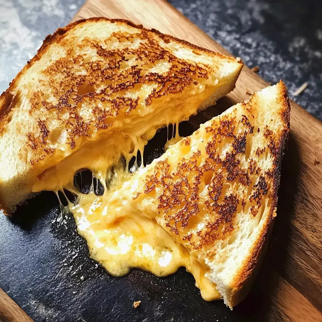 A crispy grilled cheese sandwich with gooey melted cheese flowing, resting on a wooden board.