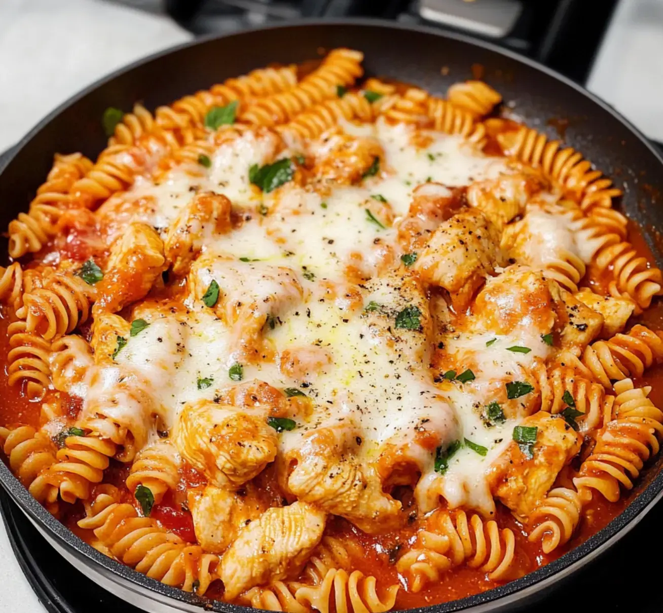 A pan full of rotini pasta, chicken chunks, gooey cheese, and red sauce, topped with fresh parsley.