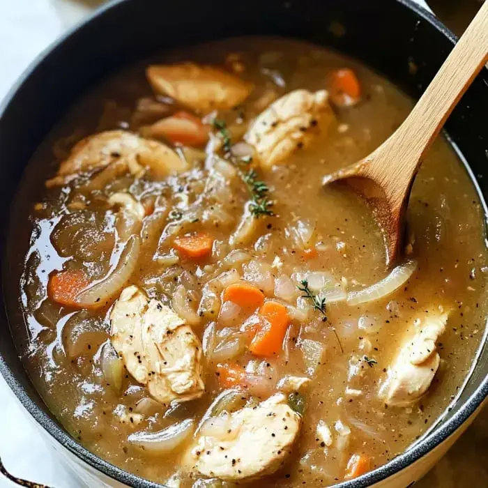 A pot filled with savory chicken soup, showing sliced chicken, caramelized onions, and fresh herbs in a delicious broth.