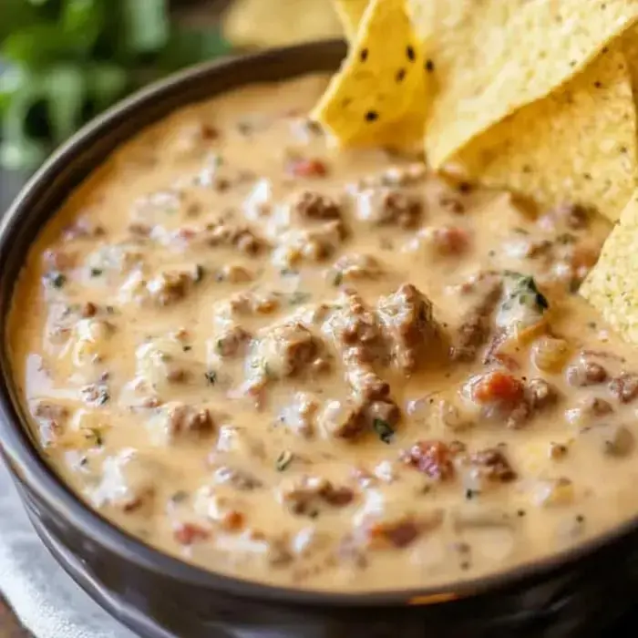 A creamy sausage cheese dip served in a bowl with tortilla chips nearby.