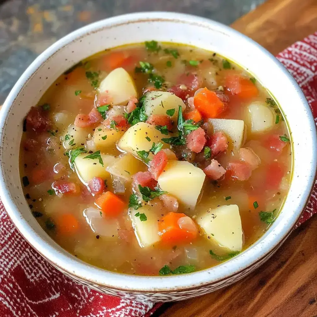 A cozy bowl of soup filled with potatoes, bacon, carrots, and herbs, placed on a wooden table alongside a red-patterned napkin.