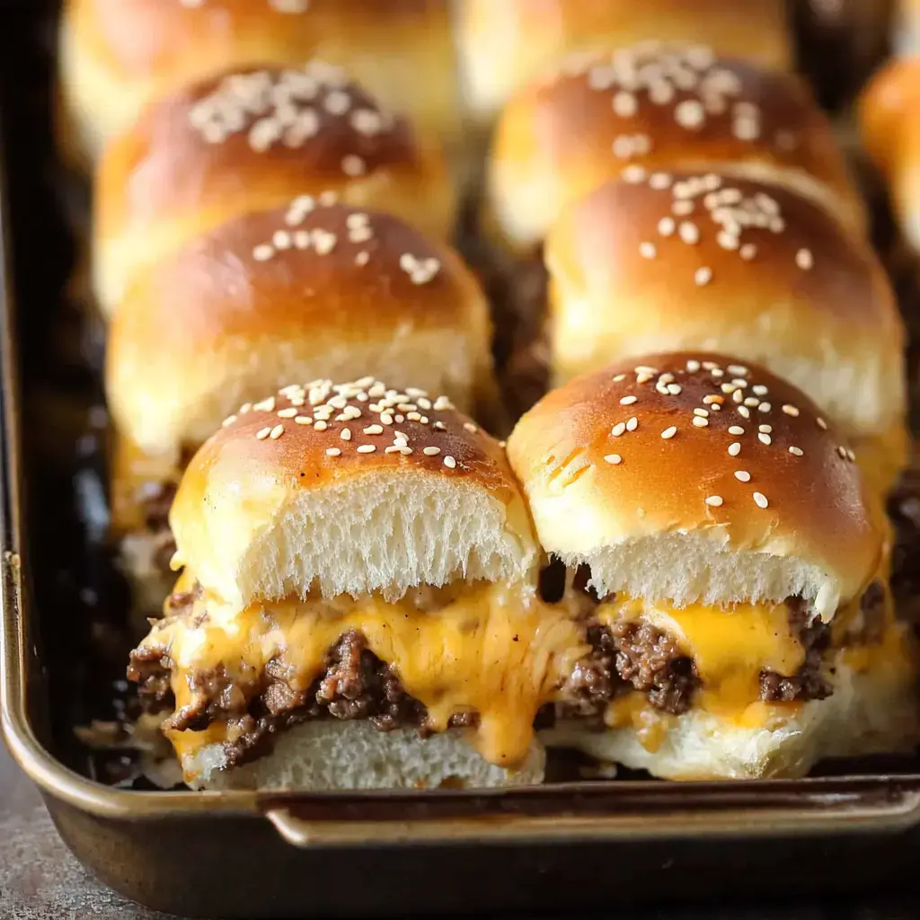 Golden brown sliders with melty cheese, beef, and sesame on fluffy buns.