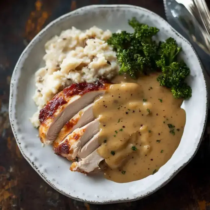Slices of turkey topped with gravy next to mashed potatoes and broccoli.