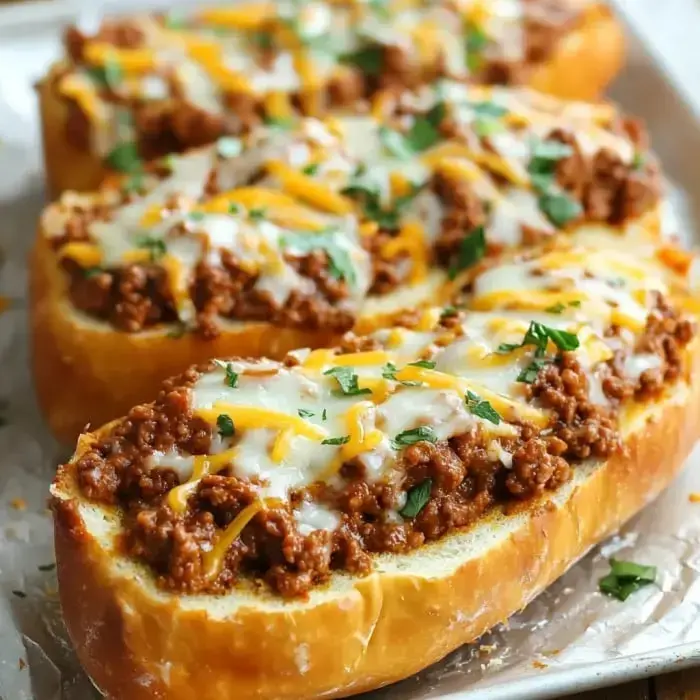 Garlic bread topped with seasoned beef, gooey cheese, and parsley close-up.
