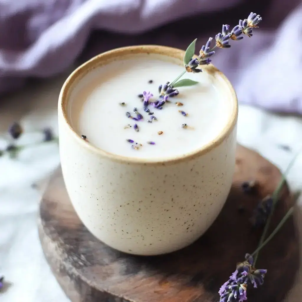 A relaxing lavender-infused drink in a cup with floral garnish, set on wood with soft purple accents.