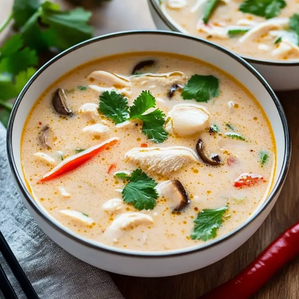 Delicious soup with coconut milk, chicken slices, mushrooms, chili, and cilantro topping.