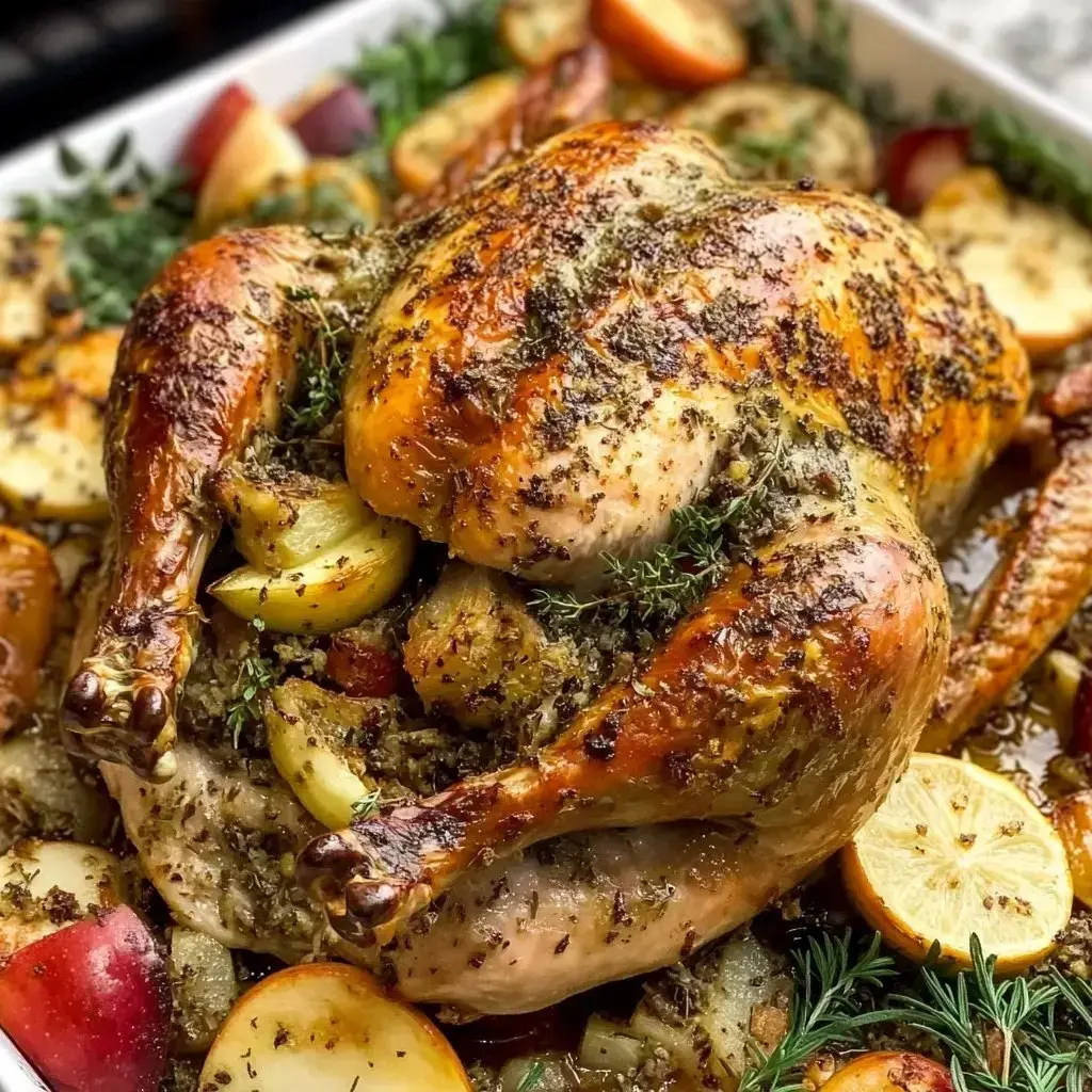 A golden-brown roasted turkey on a platter surrounded by veggies, herbs, and lemon slices.