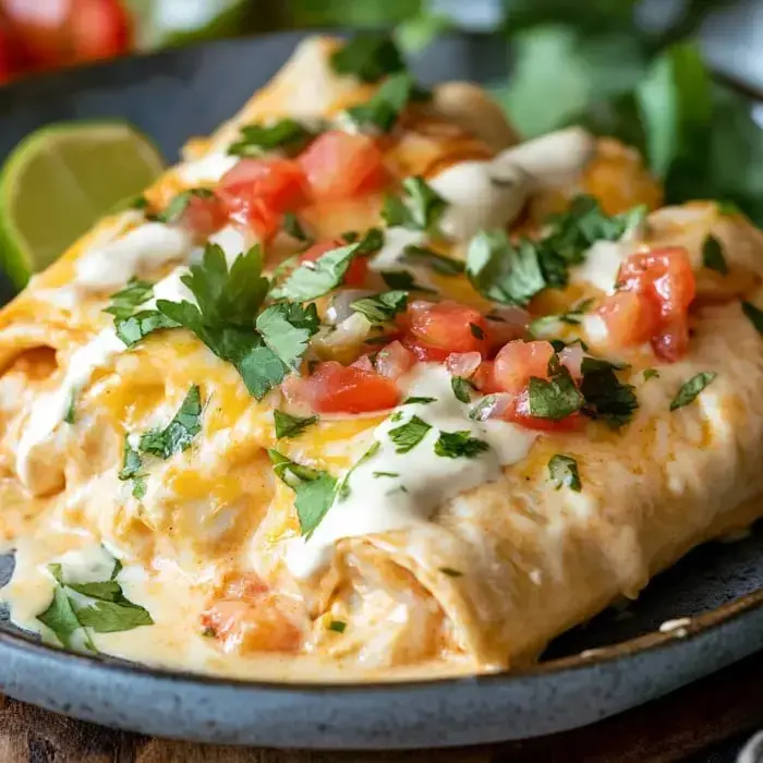 A plate featuring cheesy enchiladas with diced tomatoes, cilantro, sour cream, and a lime wedge on the side.