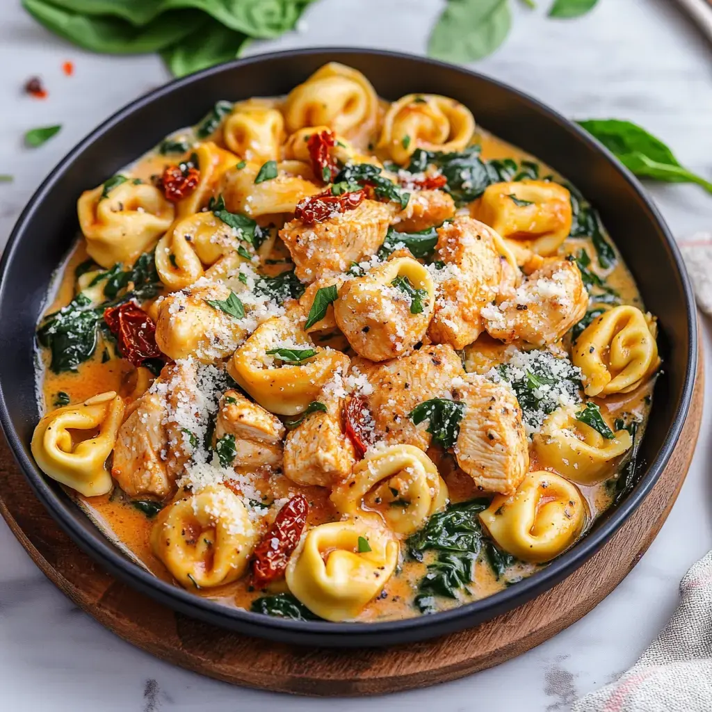 Creamy tortellini pasta with chicken, spinach, and sun-dried tomatoes topped with cheese.