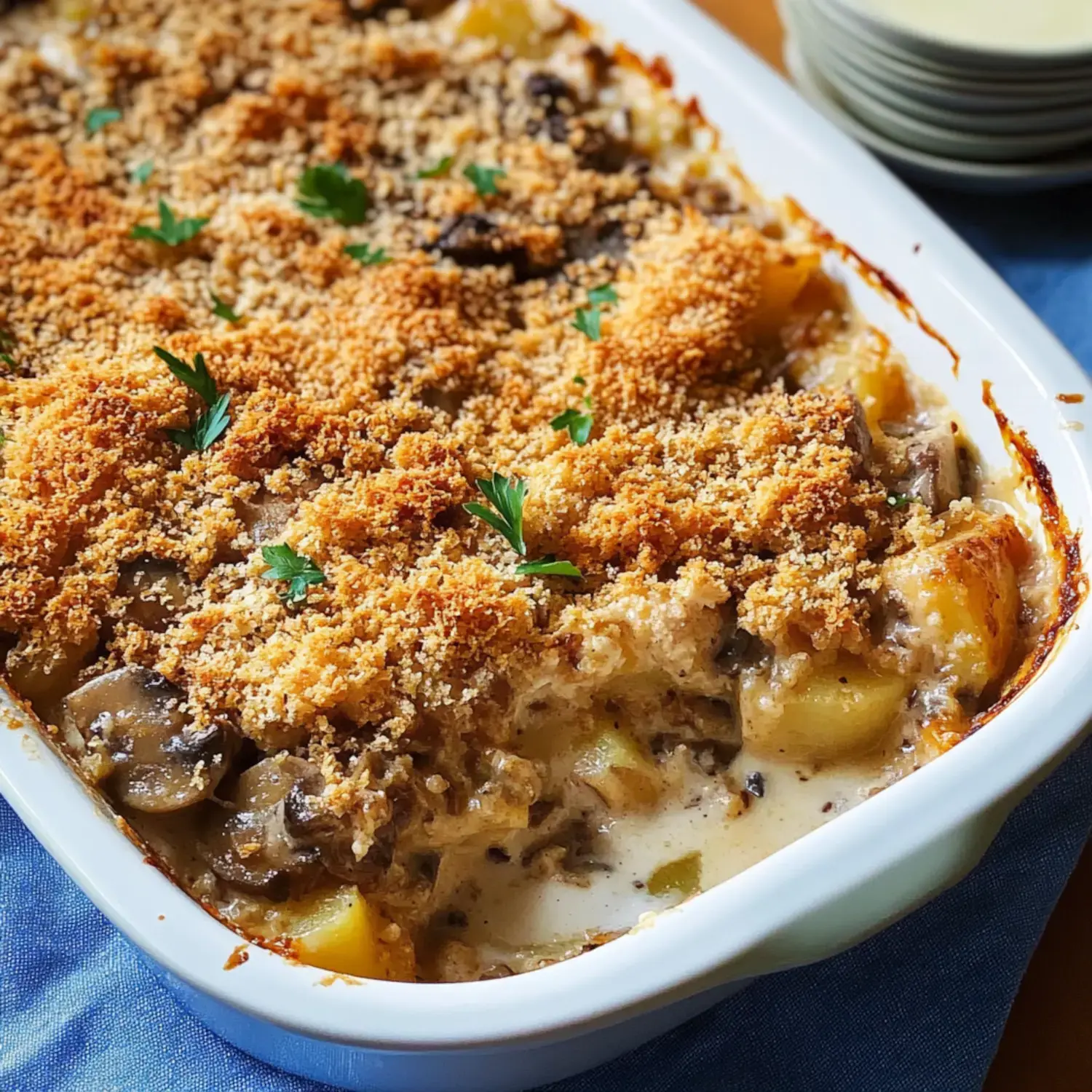Creamy casserole with golden breadcrumbs and sprinkled parsley.
