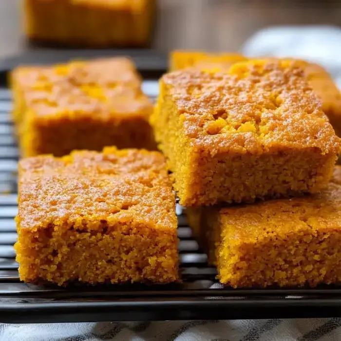 Golden cornbread squares stacked on a black cooling rack.
