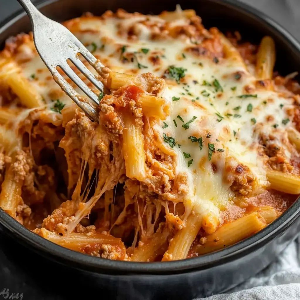 A fork lifts cheesy baked pasta with meat sauce from a dark dish.