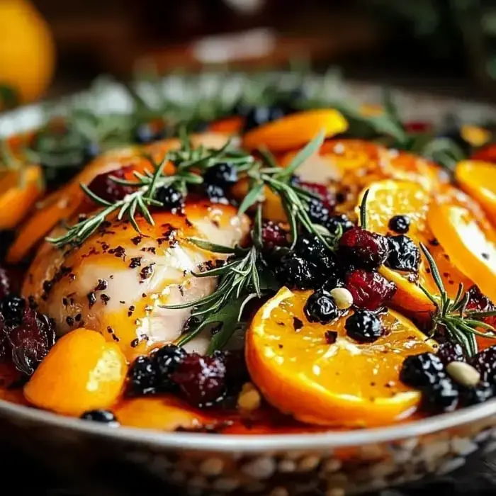 A colorful roast turkey decorated with fresh herbs, citrus slices, and glazed berries.