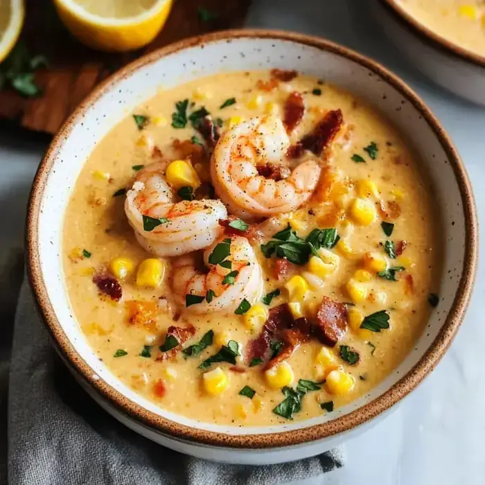 A bowl of creamy Cajun shrimp and corn bisque garnished with bacon, corn, parsley, and shrimp on top.