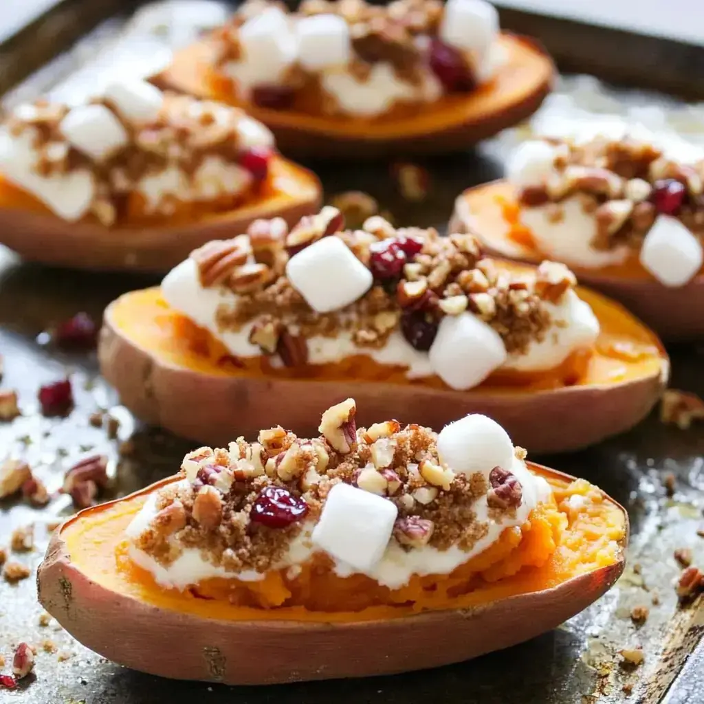 Twice baked sweet potatoes with pecans, marshmallows, and cranberries on a tray.