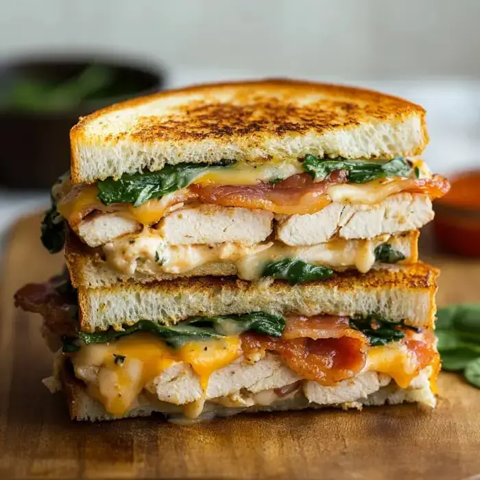 A toasted sandwich stacked with turkey, bacon, spinach, and melted cheddar cheese.