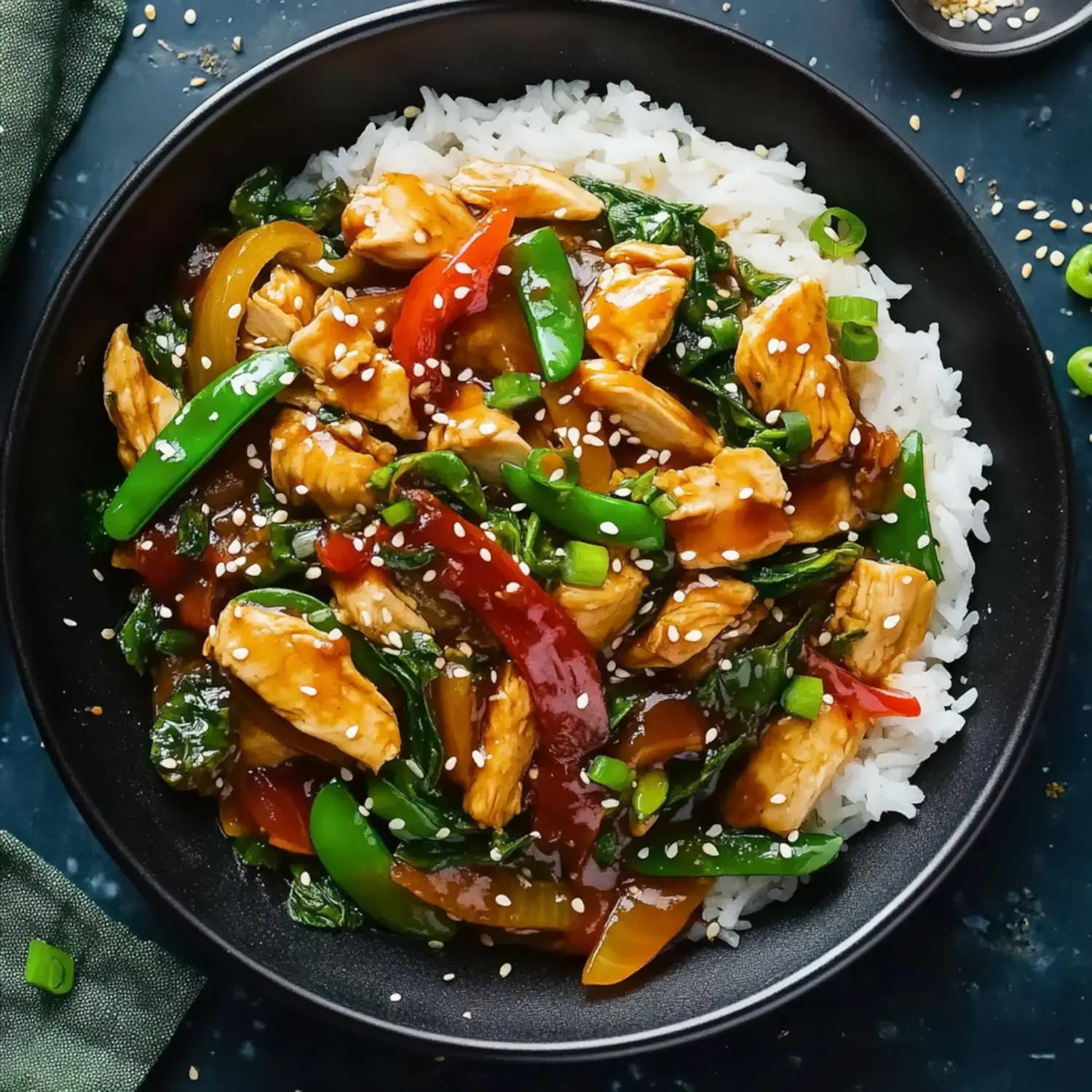 A rice bowl topped with stir-fried chicken, bright peppers, and sesame seeds with green spinach.