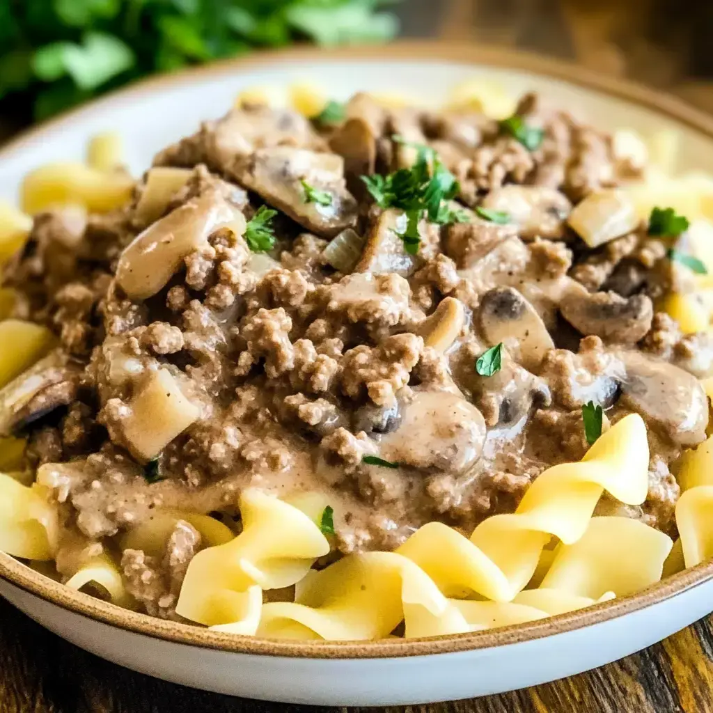 Creamy ground beef and mushroom mixture served over egg noodles with a sprinkle of parsley.