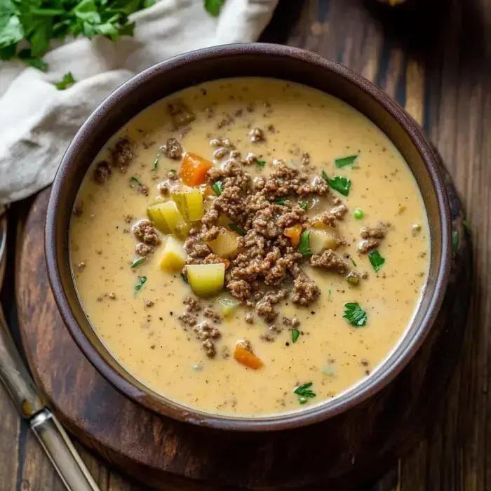 A creamy bowl of soup topped with seasoned crumbles and diced veggies, placed on a rustic table.