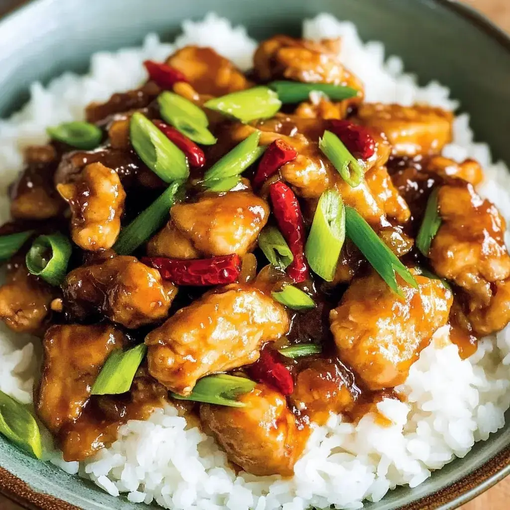 Savory chicken on top of rice, sprinkled with chili and green onions.