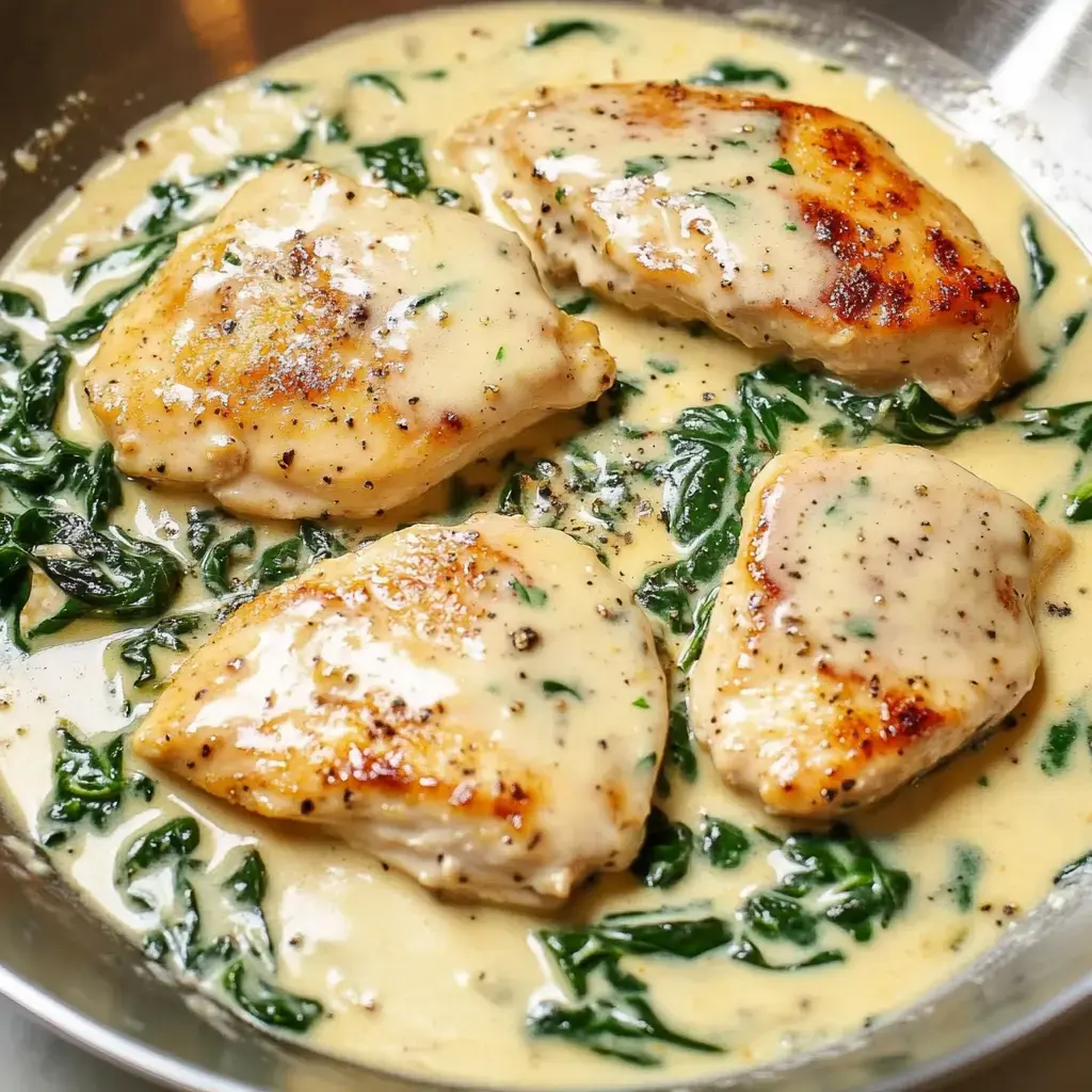 Golden sautéed chicken in creamy sauce with wilted spinach in a skillet.
