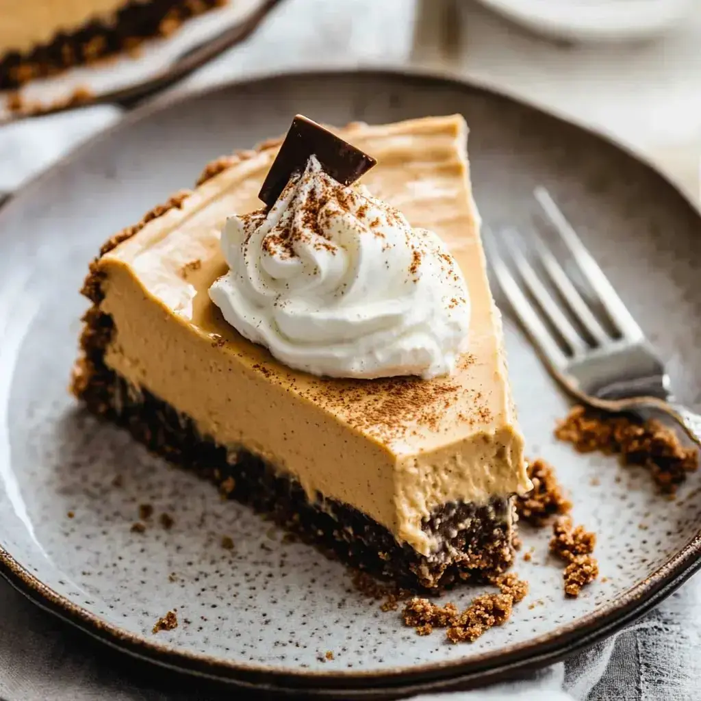 A creamy dessert slice on a gray plate with whipped topping and chocolate garnish, next to a fork.