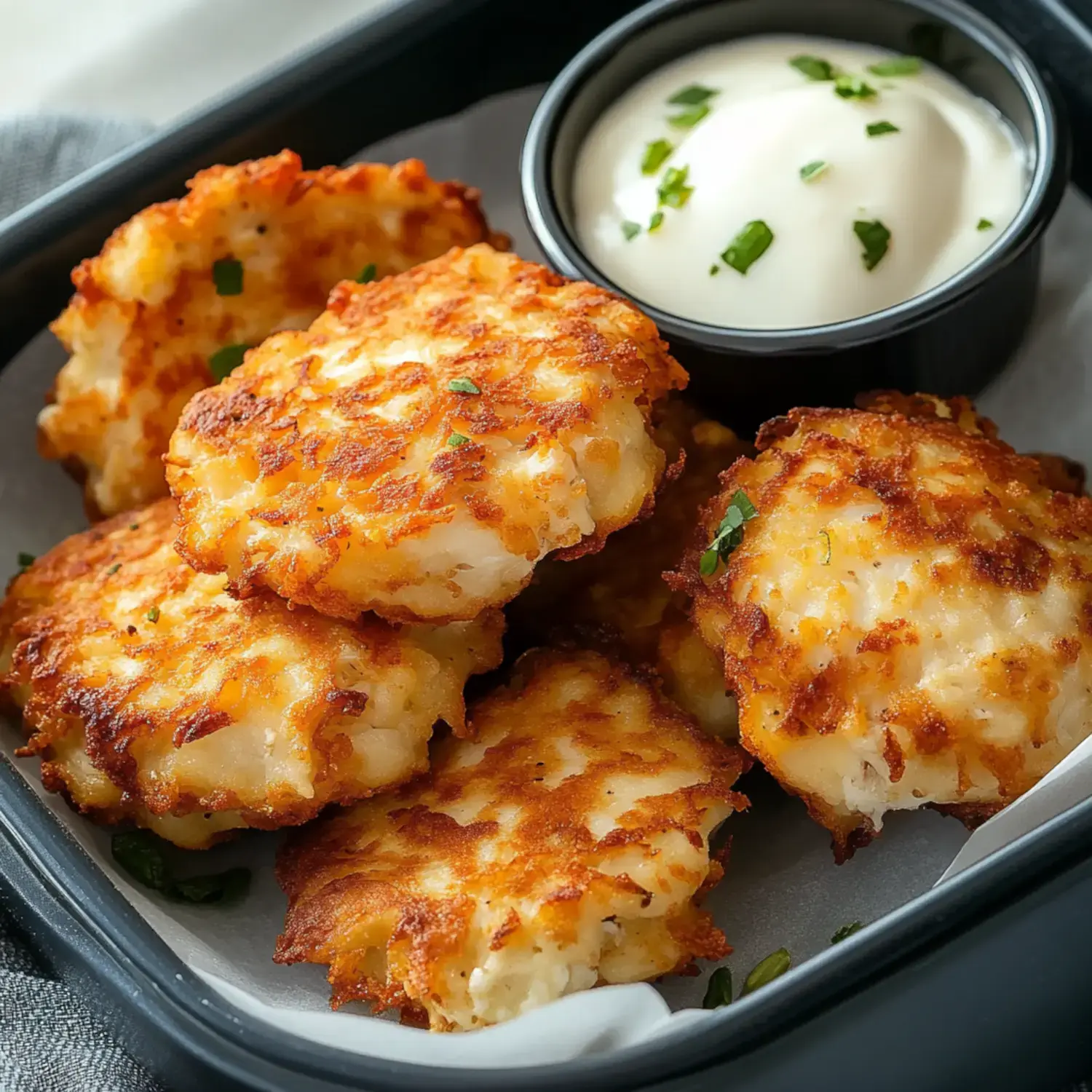 Golden-brown crispy chicken fritters served with sour cream and freshly chopped chives in a black tray.