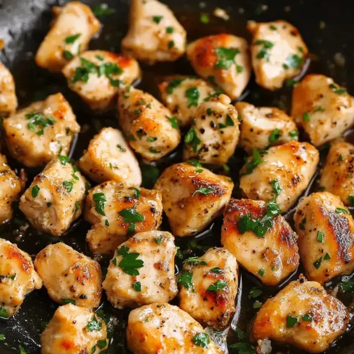 A skillet of chicken pieces cooked golden with parsley on top.