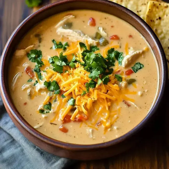 A comforting bowl of cheesy soup with cilantro garnish and tortilla chips nearby.