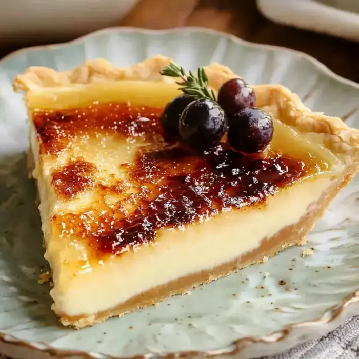 A slice of creamy pie topped with caramelized sugar, garnished with blueberries and mint, placed on a fancy plate.