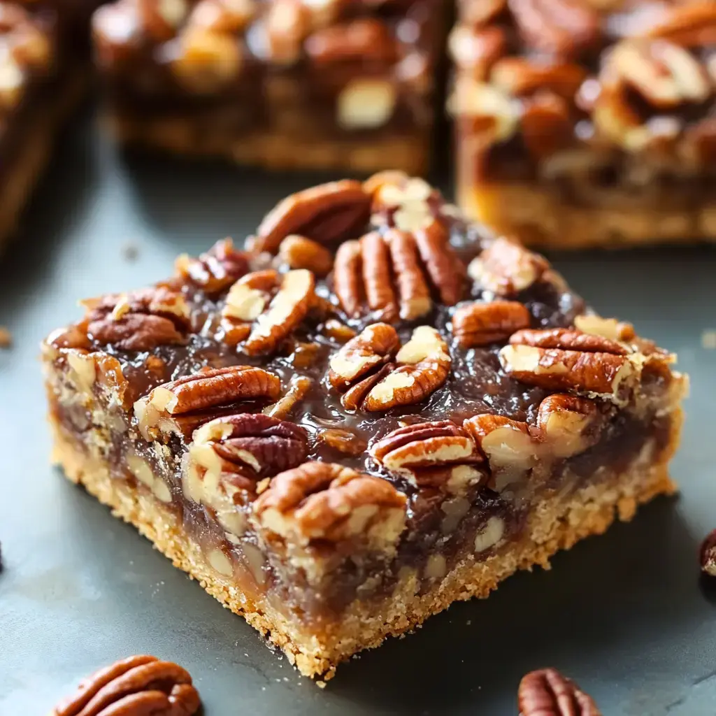 Close-up view of pecan and caramel layered dessert bars.
