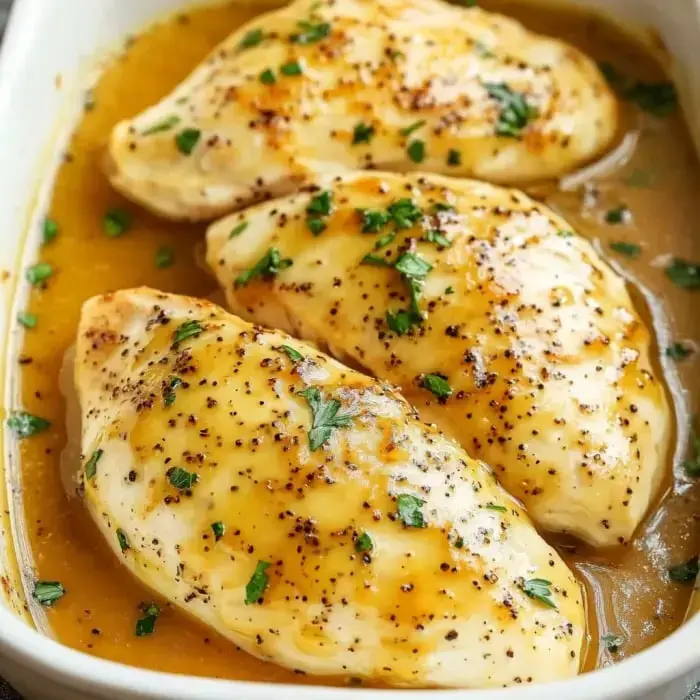 Three juicy baked chicken breasts with a golden sauce and parsley garnish in a serving dish.