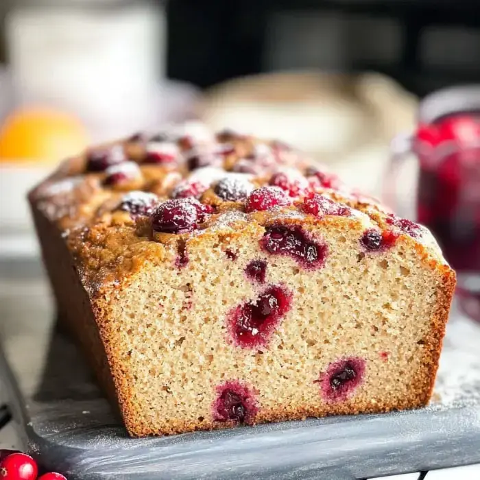 A golden loaf filled with bright cranberries sits on a gray board, showing its crusty top and fruity insides.