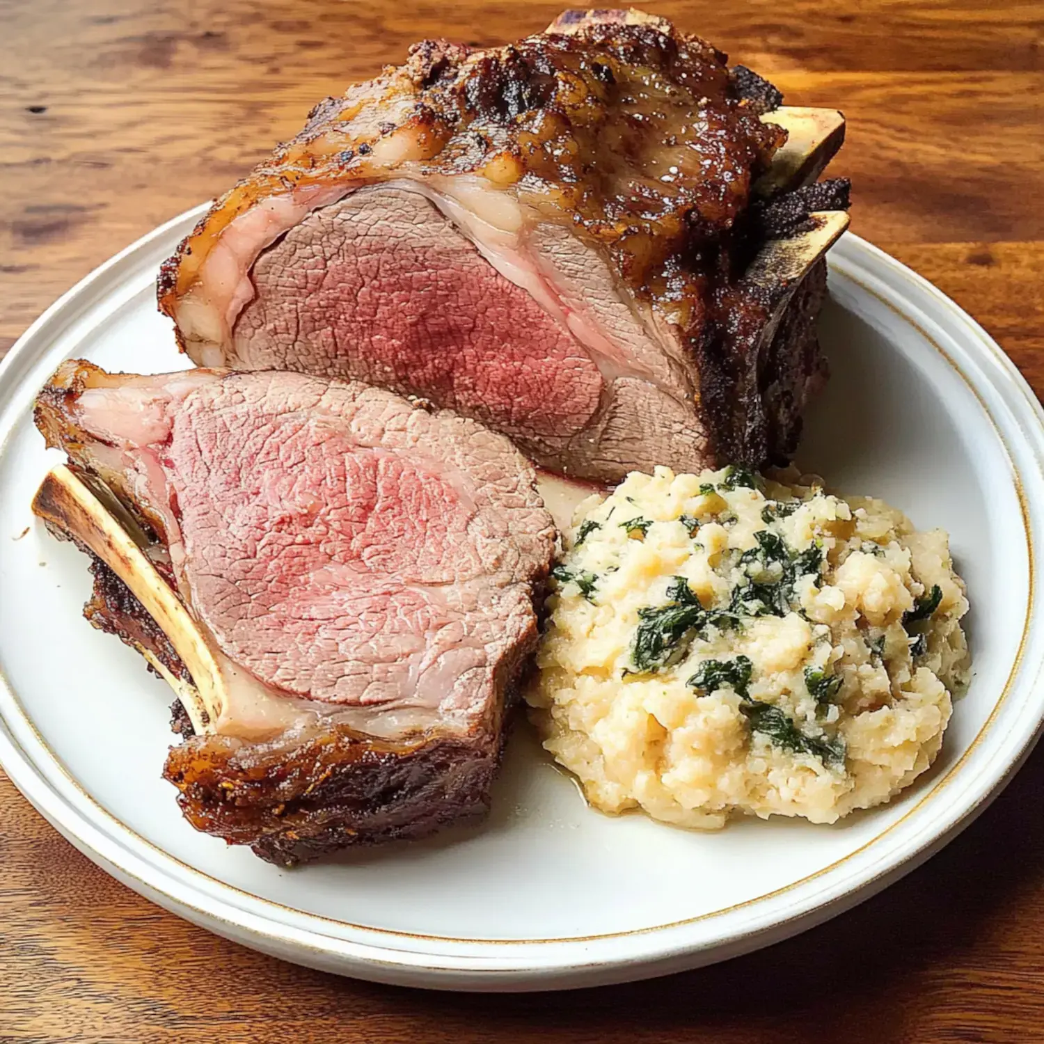 A slice of juicy roast sits with mashed potatoes and fresh greens on the plate.