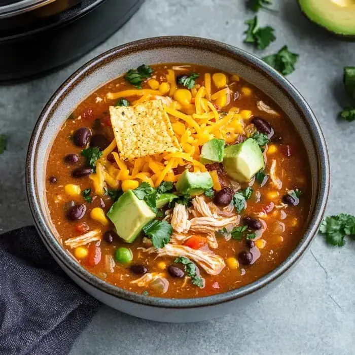 A loaded bowl of soup with shredded chicken, black beans, corn, diced avocado, shredded cheese, and crushed tortilla chips topped with fresh cilantro.