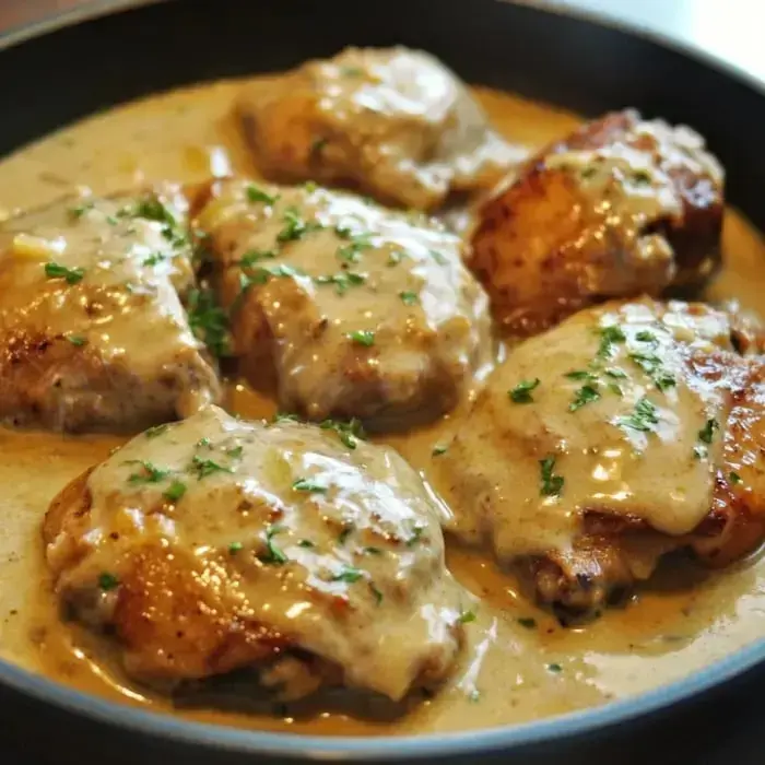 A cast-iron skillet holding golden chicken in creamy gravy, topped with fresh parsley sprigs.