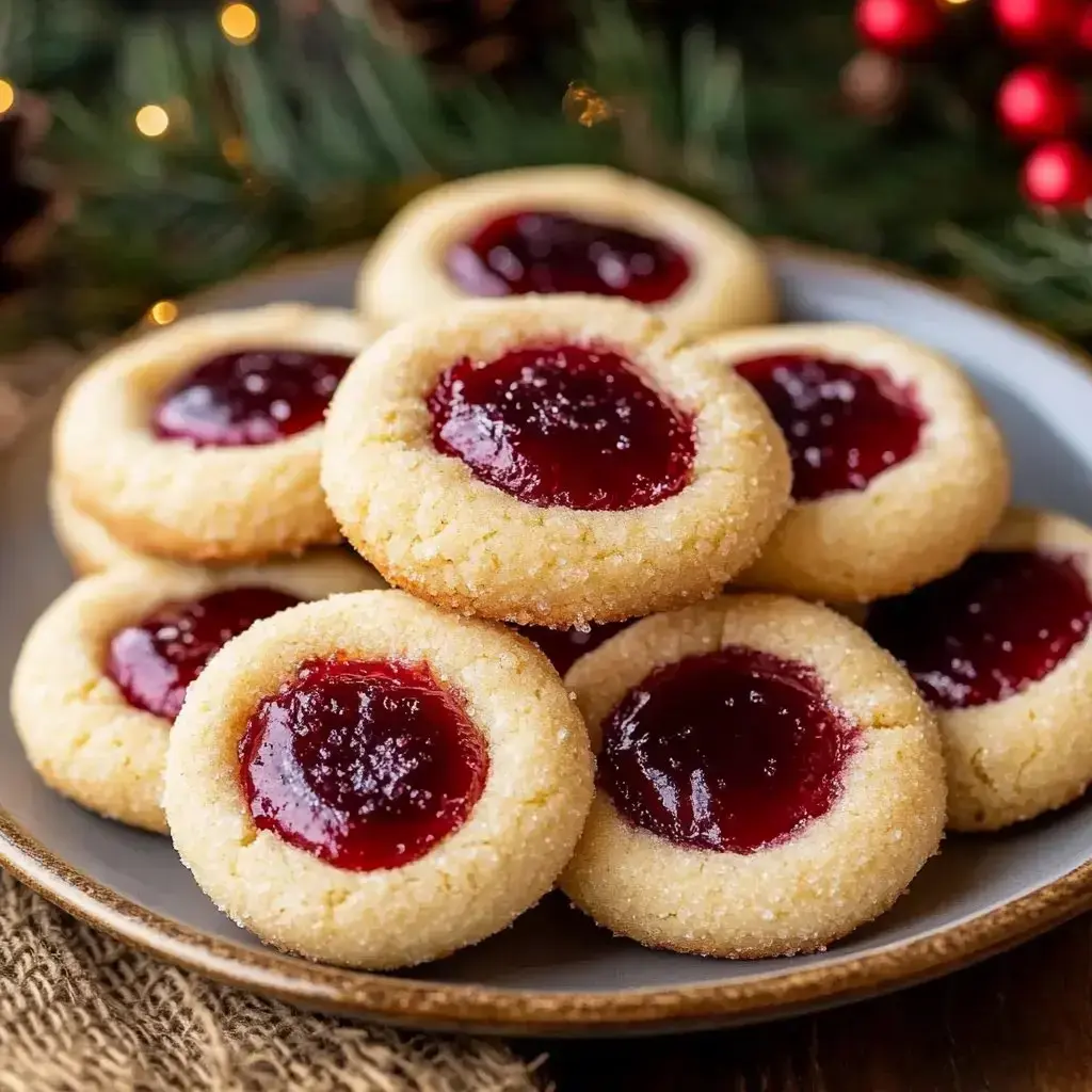 Buttery cookies with red jam centers on a plate, surrounded by holiday decor.