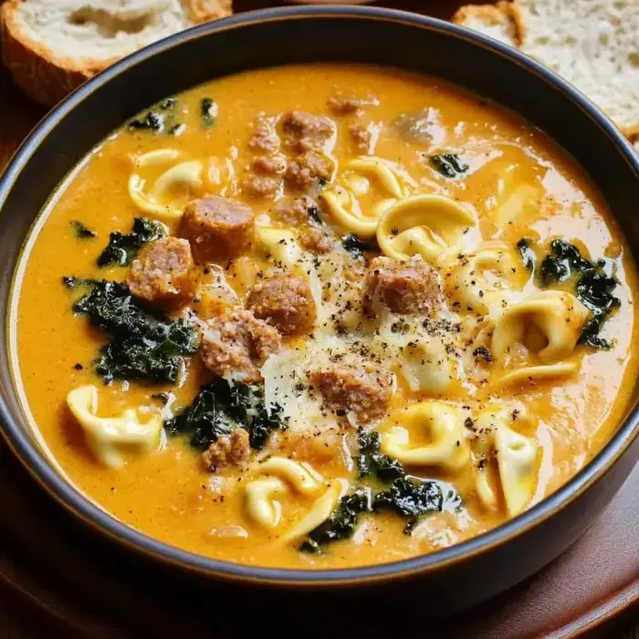A comforting bowl of creamy soup with tortellini, kale, and sausage, served with slices of bread.