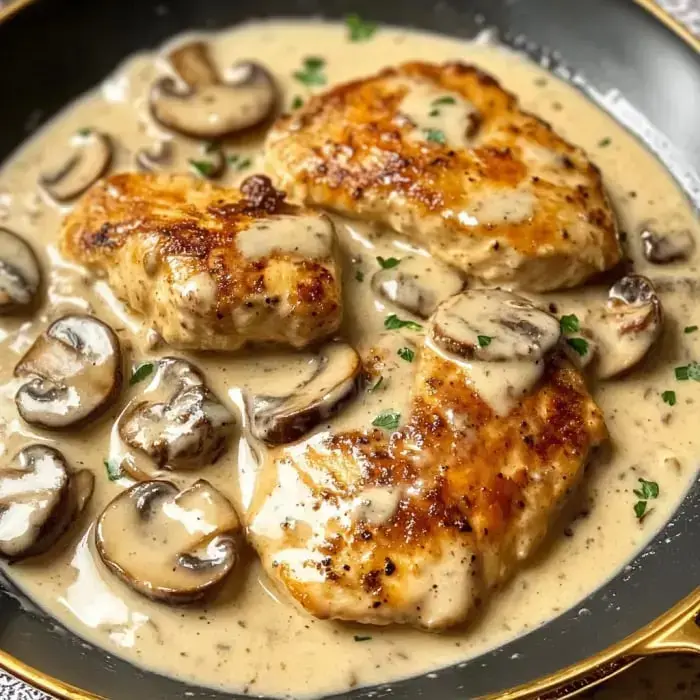 Pan-seared chicken in creamy garlic mushroom sauce, garnished with fresh parsley in a dark skillet.