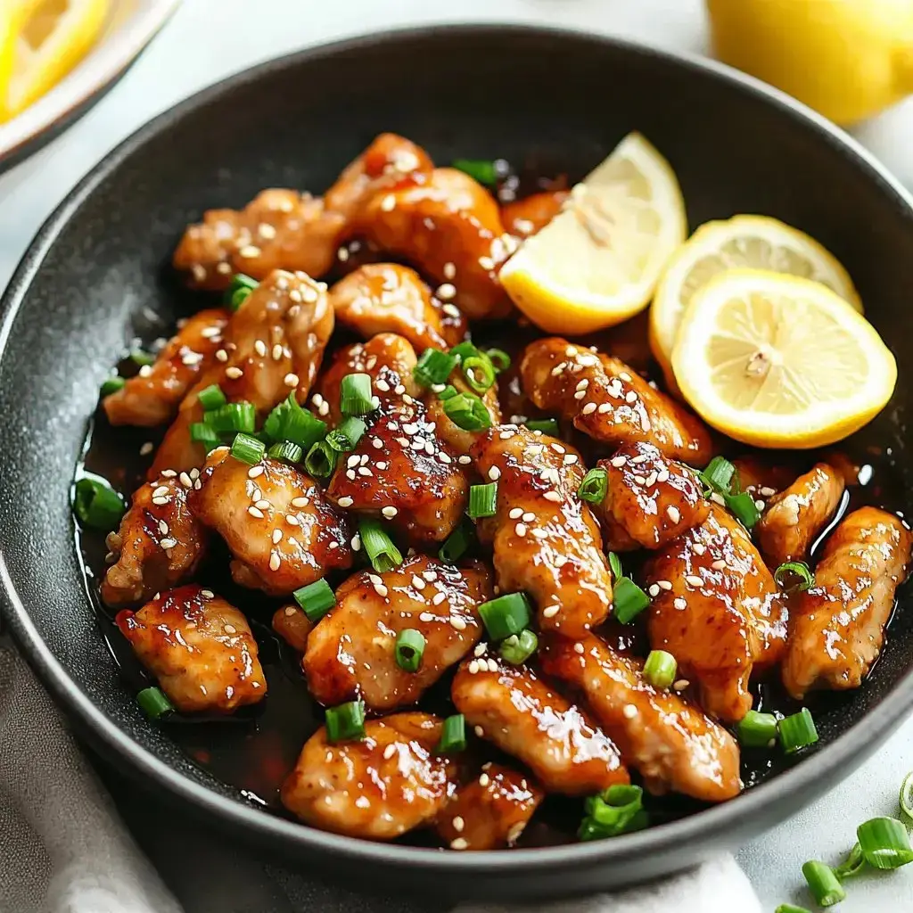 A bowl of glazed chicken pieces topped with sesame seeds and green onions, with lemon wedges on the side.