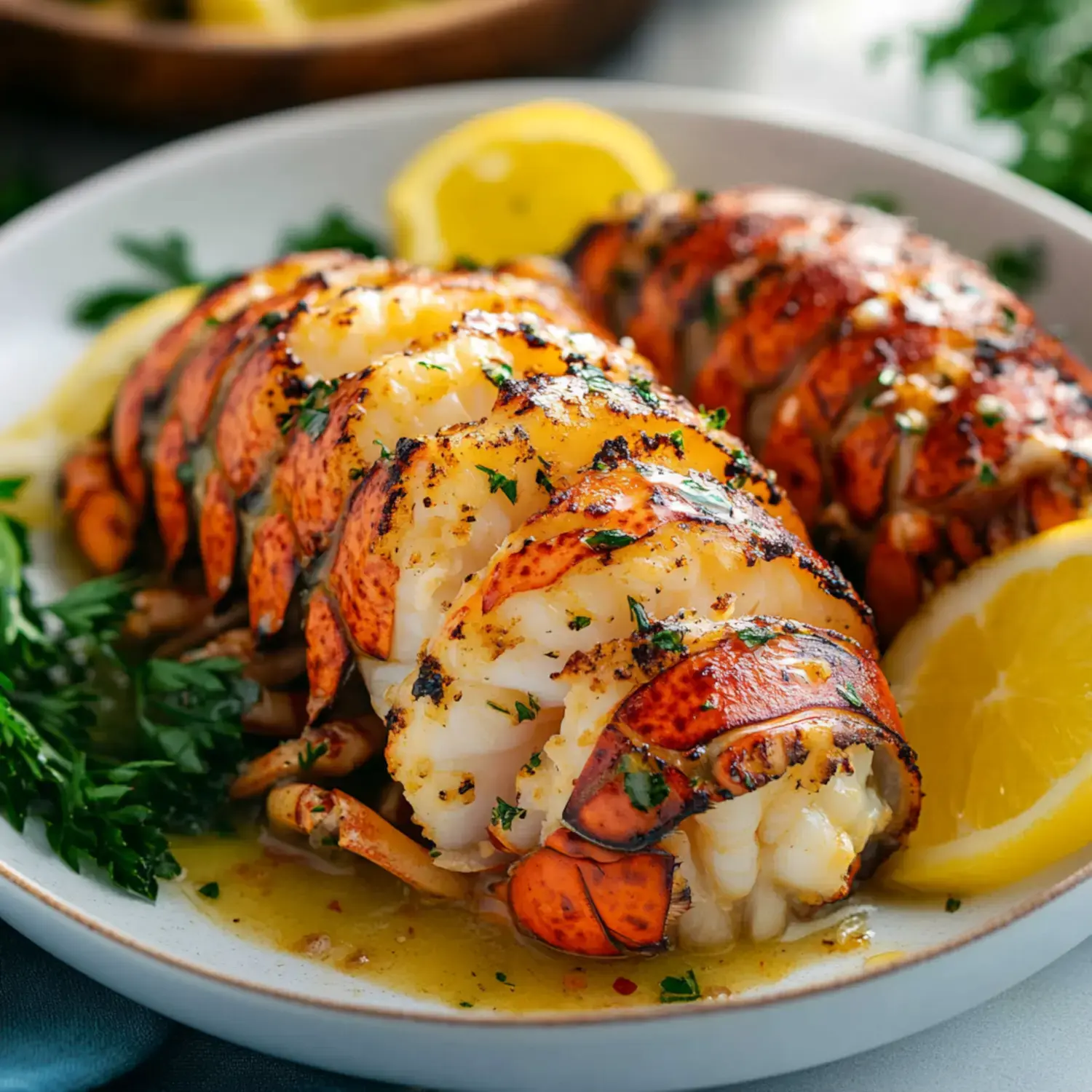 Grilled lobster tails with herbs and lemon wedges on a plate.