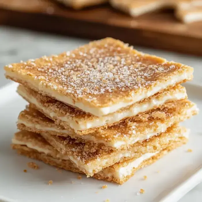 Four crispy dessert squares dusted with sugar, stacked on a white plate, with golden layers and creamy surface.