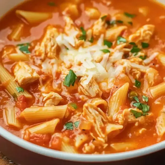 A creamy chicken soup with pasta, tomatoes, and fresh basil in a cozy bowl.