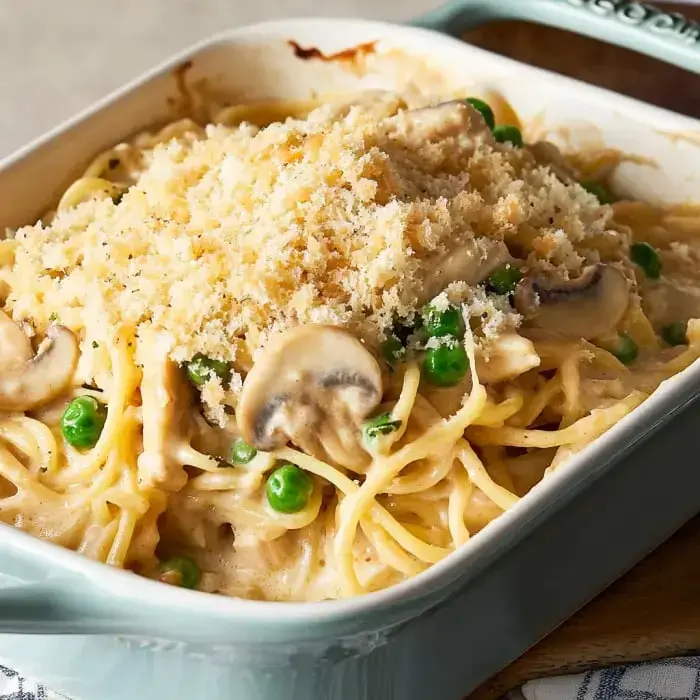 A creamy casserole with mushrooms, peas, and breadcrumb topping in a dish.